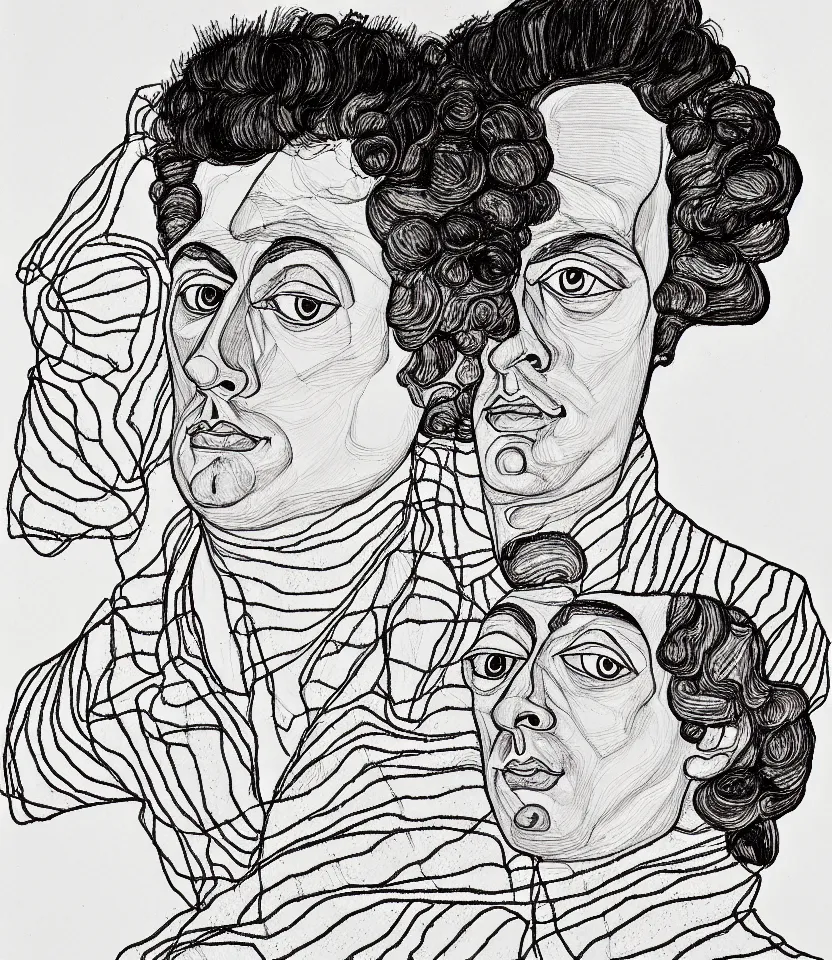 Image similar to detailed line art portrait of mozart, inspired by egon schiele. caricatural, minimalist, bold contour lines, musicality, soft twirls curls and curves, confident personality, raw emotion