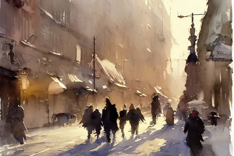 Prompt: watercolor painting of street at finland helsinki, ambient lighting and shadows, fog, art by hans dahl, by jesper ejsing, art by anders zorn, wonderful masterpiece by greg rutkowski, cinematic light