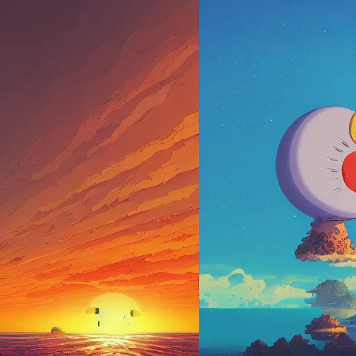 Prompt: sunset landscape ocean album cover, cartoon digital painting, detailed, beautiful brush stroke rendering, by beeple, by hayao miyazaki, by takashi murakami, by masahiro ito, 4 k wallpaper