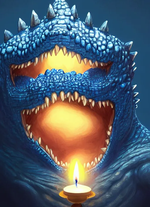 Image similar to portrait of a screaming tiny fat blue godzilla in a hat, intricate, elegant, candle light, highly detailed, digital painting, artstation, concept art, smooth, sharp focus, illustration, art by wlop, mars ravelo and greg rutkowski