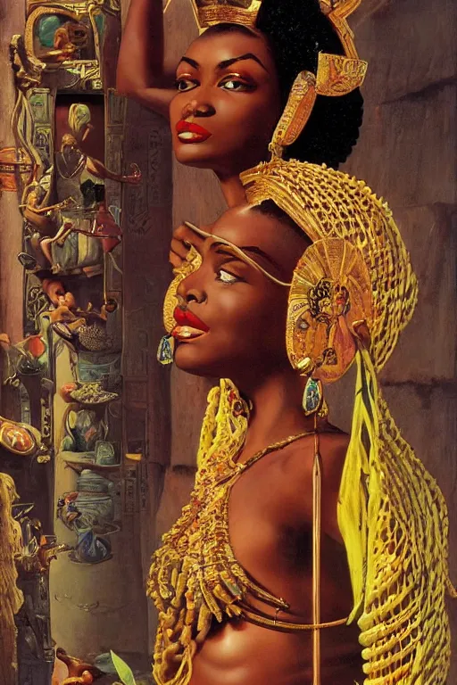 Image similar to an african goddess queen in a temple by gil elvgren and norman rockwell and rob gonsalves and hajime sorayama, hyperrealistic, high detail