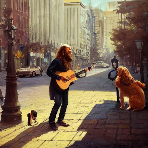 Image similar to oil painting of a young man with long hair blond and a beard hippie style with his golden retrever dog playing guitar in the square for money, people watching around, by greg rutkowski, artstation