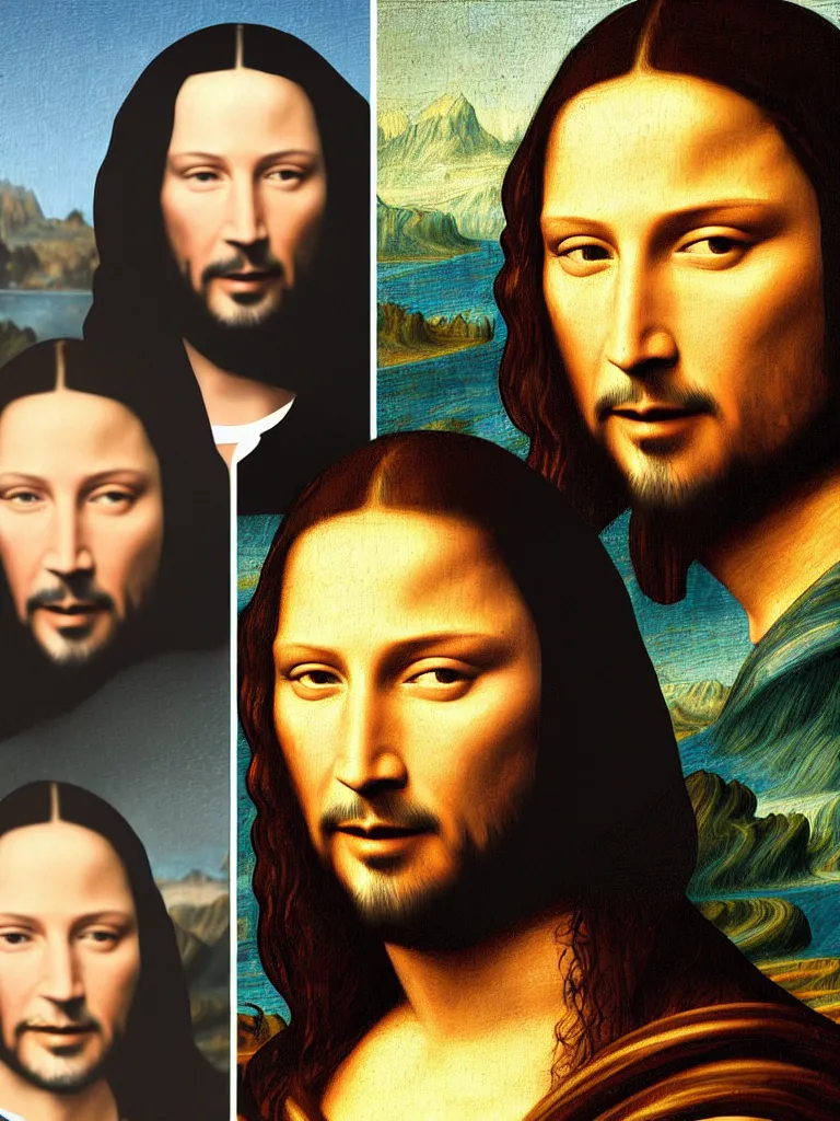 Image similar to painting of keanu reeves in the style of mona lisa, painting by leonardo da vinci