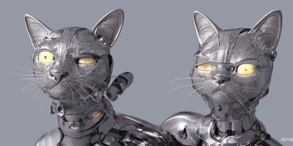 Prompt: a close portrait of a cybernetic cat made from porcelain and steel, insane reflexions, pastel colored, daylight, peaceful, 8 k, ambient occlusion, octane render, photoreal