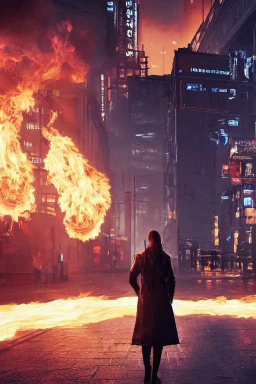 Prompt: in the foreground a street of Saint Petersburg, in the background a blonde woman from behind with flames coming out of her hands wearing a long jacket like a matrix, realistic, high definition, many details, dramatic scene, detailed and realistic hands, face symmetrical, realistic eyes, cyberpunk art 2077