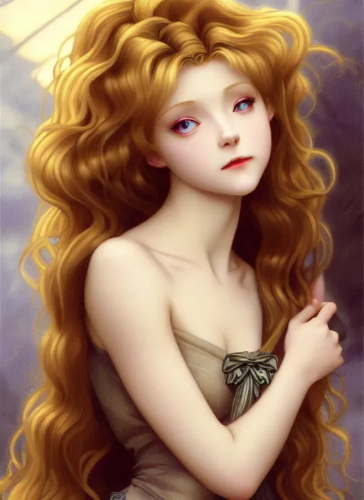 Prompt: young vampire blond girl, goddess of obsidian diamonds and black peonies, with long curly, golden hair, perfectly proportioned face, brown eyes, sweet smile, strong jawline, natural lighting, path traced, god rays, highly detailed, high quality, cartoon, digital painting, by new haicheng studio ghibli and riccardo federici and alphonse mucha