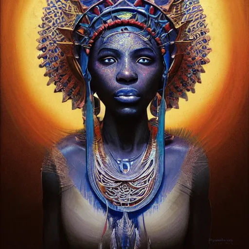 Image similar to african cosmic god obatala, dim light, front game card, marvel comics, dark, intricate, highly detailed, smooth, artstation, digital illustration by ruan jia and mandy jurgens and artgerm and wayne barlowe and greg rutkowski and zdislav beksinski.