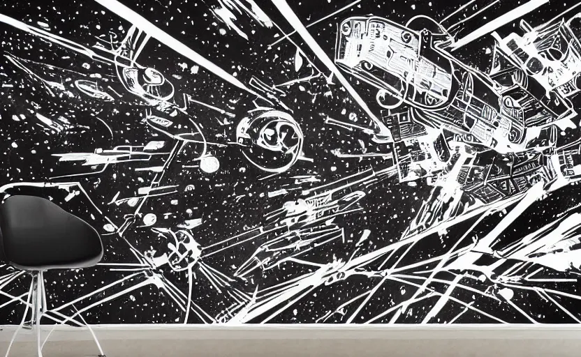 Prompt: mural of space ship battle, laser beams, black and white paint, stencil art, abstract, cyberpunk, painted on a giant wall