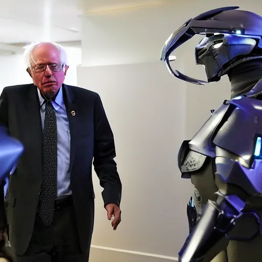 Image similar to bernie sanders in intimidating futuristic halo battle armor, bloom, stunning