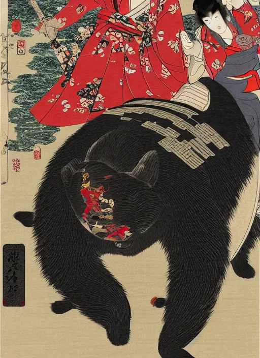 Prompt: a full body ukiyo-e portrait of a fully armored samurai Asian black bear, playing with a young Japanese girl in a kimono, a cat at the bottom, intricate, elegant, highly detailed, digital painting, artstation, concept art, smooth, sharp focus, illustration, art by Andō Hiroshige