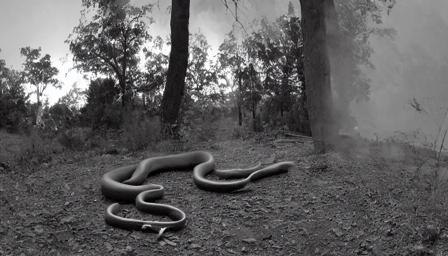 Image similar to a gigantic snake eating an old skinny man in a heavy burning kitchen, mini dv camera found footage, very very low quality picture, heavy grain, caught on security camera, heavy jpeg artifact, night vision very blurry, caught on trail cam, 1 4 4 p, ultra wide lens