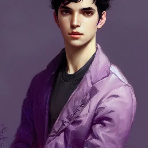 Image similar to teen boy, black hair, purple eyes, highly detailed, artstation, georgeus, elegant, portrait, by artgerm and greg rutkowski and alphonse mucha