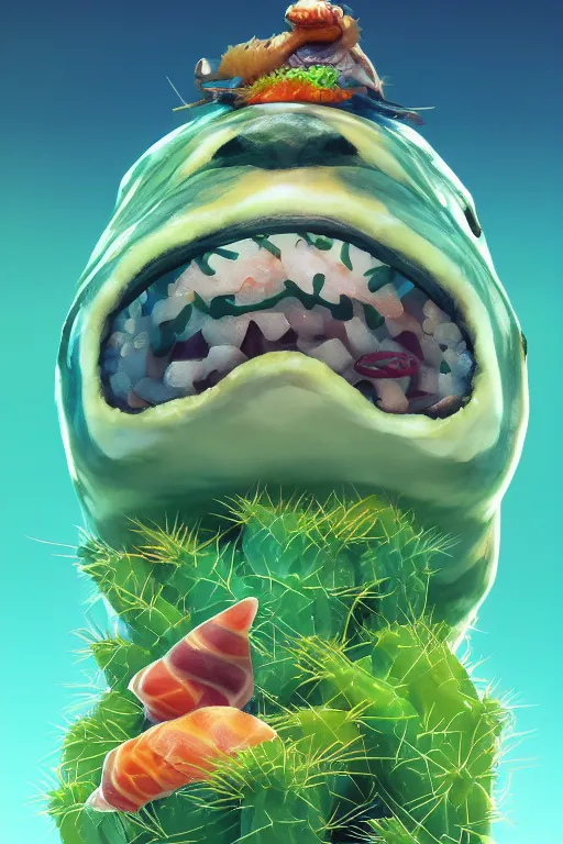 Image similar to 3 d render creature animal sushi cristal very big eye roots cactus elemental flush of force nature micro world fluo fishscale, comics gta 5 cover, official fanart behance hd artstation by jesper ejsing, by rhads, makoto shinkai and lois van baarle, ilya kuvshinov, ossdraws