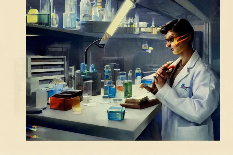 Prompt: A mixed media painting of a scientist duck working in a pcr and microbiology lab, by Frank Frazetta, Greg Rutkowski, Beeple, post-processing, low angle, masterpiece, cinematic, isometric, volumetric lighting