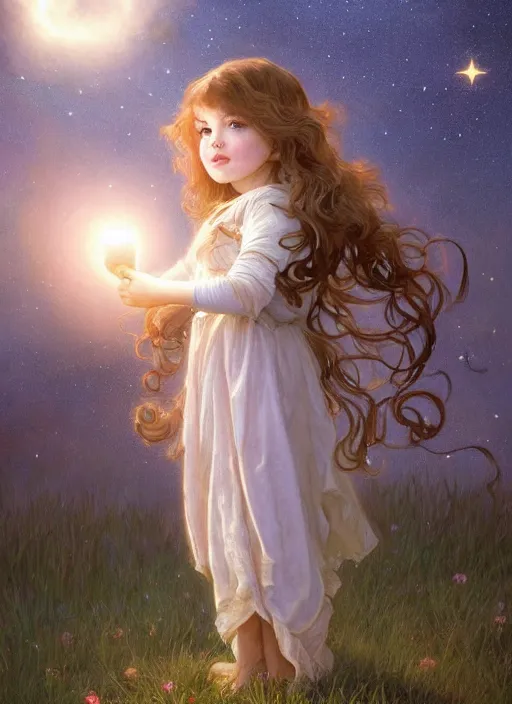 Image similar to A cute little girl with short curly brown hair. She is standing in a field at night holding a care bear, looking up and the sky is filled with constellations. beautiful fantasy art by By Artgerm and Greg Rutkowski and Alphonse Mucha, trending on artstation.
