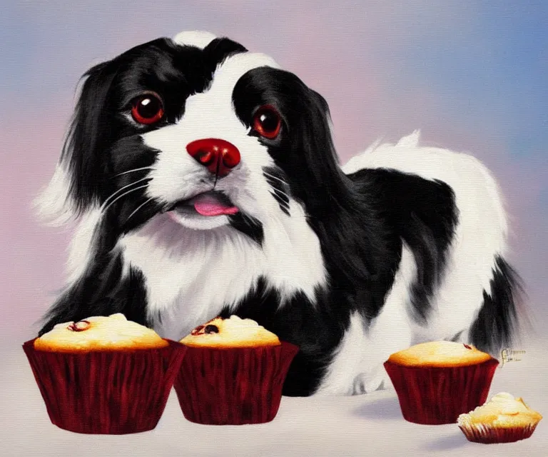 Image similar to white and black japanese chin dog eating cherry muffins, oil painting