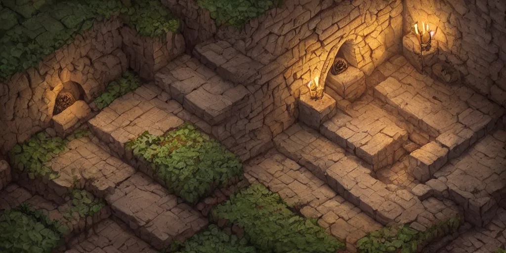 Prompt: an ancient dungeon interior tunnel with stone walls, soft ambient lighting, trending on artstation, isometric, fantasy