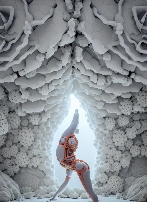 Image similar to biomechanical white yoga room made of corals, daisies, roses, well contoured smooth fair walls, up close shot, sharp focus, global illumination, radiant light, alexandre ferra white mecha, irakli nadar, octane highly render, 4 k, ultra hd,