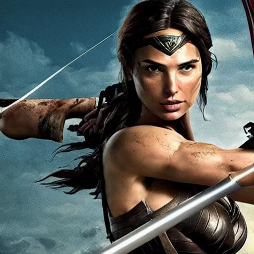 Image similar to Gal Gadot as Tomb Raider aiming a bow. Girl power. Movie poster art.