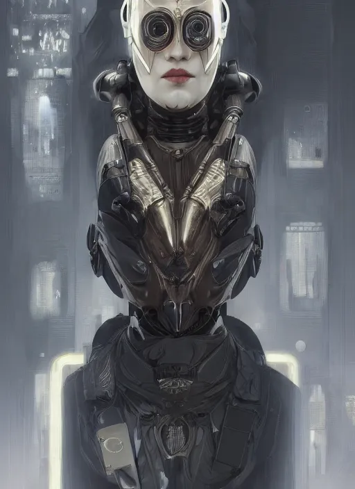 Image similar to a cyborg with mask, black leather garment with art nouveau ivory accessories, cyberpunk, darksynth, luxury, concept art by jama jurabaev, extremely detailed, ominous, ethereal, artstation, andree wallin, edvige faini, balaskas, alphonse mucha