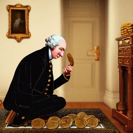 Image similar to a closeup photorealistic photograph of a happy George Washington inspecting small gold Doubloon coins at his home on Cherry Street. This 4K HD image is Trending on Artstation, featured on Behance, well-rendered, extra crisp, features intricate detail and the style of Unreal Engine.