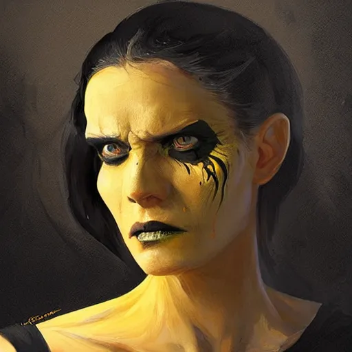 Image similar to portrait of a woman by greg rutkowski, a woman with yellow skin, black lips wearing black robes and a hodd, evil energy, star wars expanded universe, she is about 6 0 years old, highly detailed portrait, digital painting, artstation, concept art, smooth, sharp foccus ilustration, artstation hq