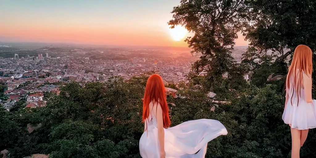 Prompt: a stunning shot from an anime view from a hill of amazing beauty. a girl in a white transparent dress looks at a stunning city at sunset, a stunning figure of a girl