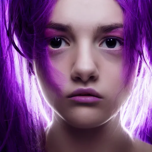 Image similar to detailed photo portrait of a furious teen girl with thin, hair-like purple tentacles on her head and bright purple eyes, 8k, trending on DeviantArt, face enhance,hyper detailed ,full of colour, dramatic lightning