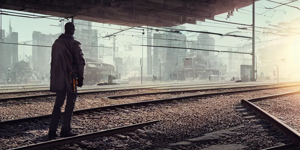 Image similar to photo of cyborg waiting for a train, 1970's, soft light, morning light, photorealistic, details, octane render, cryengine, 8k, cinematic shot