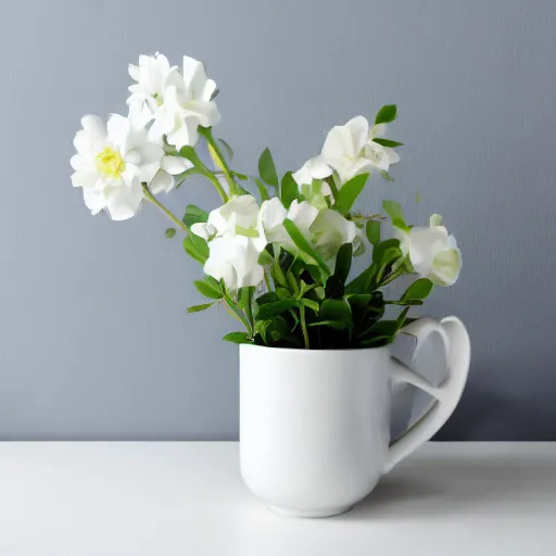 Prompt: bright white room showcasing ceramic mug surrounded by white flowers, green leaves, and pears, soft zen minimalist, white background, bright, crisp