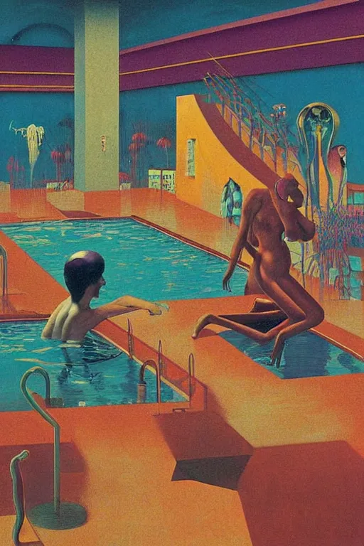 Prompt: 8 0 s art deco motel with swimmingpool, cinematic dramatic cyberpunk textural fluid lines otherworldly vaporwave interesting details fantasy lut epic composition by basquiat zdzisław beksinski james jean artgerm rutkowski moebius francis bacon gustav klimt