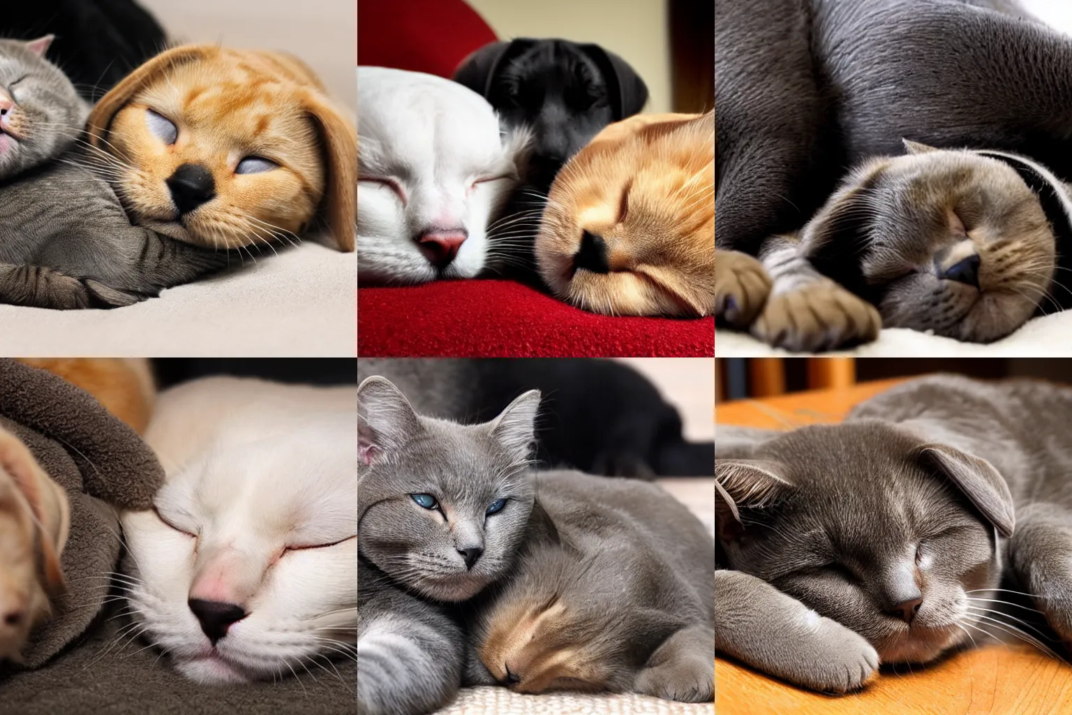 Prompt: British short hair cat sleeping between two labradors