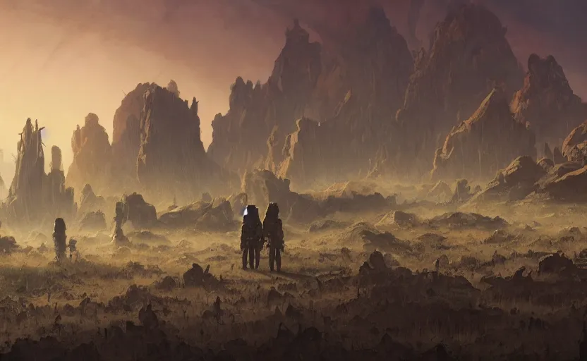 Image similar to flat wastelands, isolated rock spikes, greg rutkowski, brom, james gurney, mignola, craig mullins, alan lee, gustave mucha