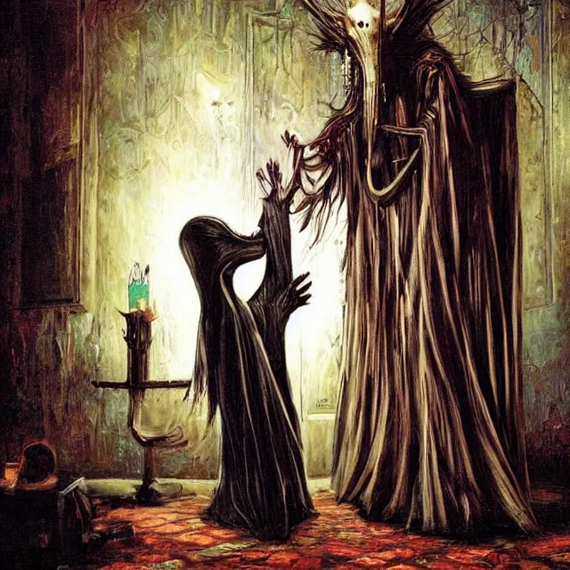 Prompt: a strange creature greeting a female explorer in a dining room, haunted house, rhads!!!, magical realism, urban fantasy, a hooded figure, a fierce woman, ( h. r. giger )