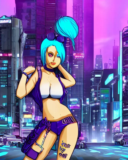 Prompt: cel shaded art of a pretty blue haired girl standing next to a purple lamborghinil, jet grind radio graphics, cyberpunk city street background