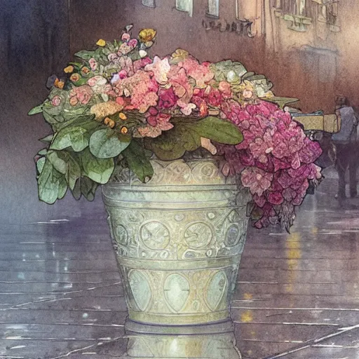 Prompt: a beautifull intricate watercolor painting of potted planter with flowers inside sitting on wet sidewalk, reflexions, raindrops, high details by william turner art, greg rutkowski and alphonse mucha, trending on artstation, very very detailed, masterpiece,