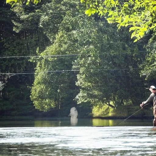 Image similar to man fishing into a river with a sci - fi nuclear containment building in the background, trees, a sense of hope and optimism, harsh sunlight