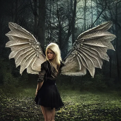 Prompt: very pretty blond female angel with huge dragon wings in a dark forest, perfect symmetrical face, shallow depth of field, moody lighting, single point of light, 8 k, cultural realistic, in the style of martina fackova,