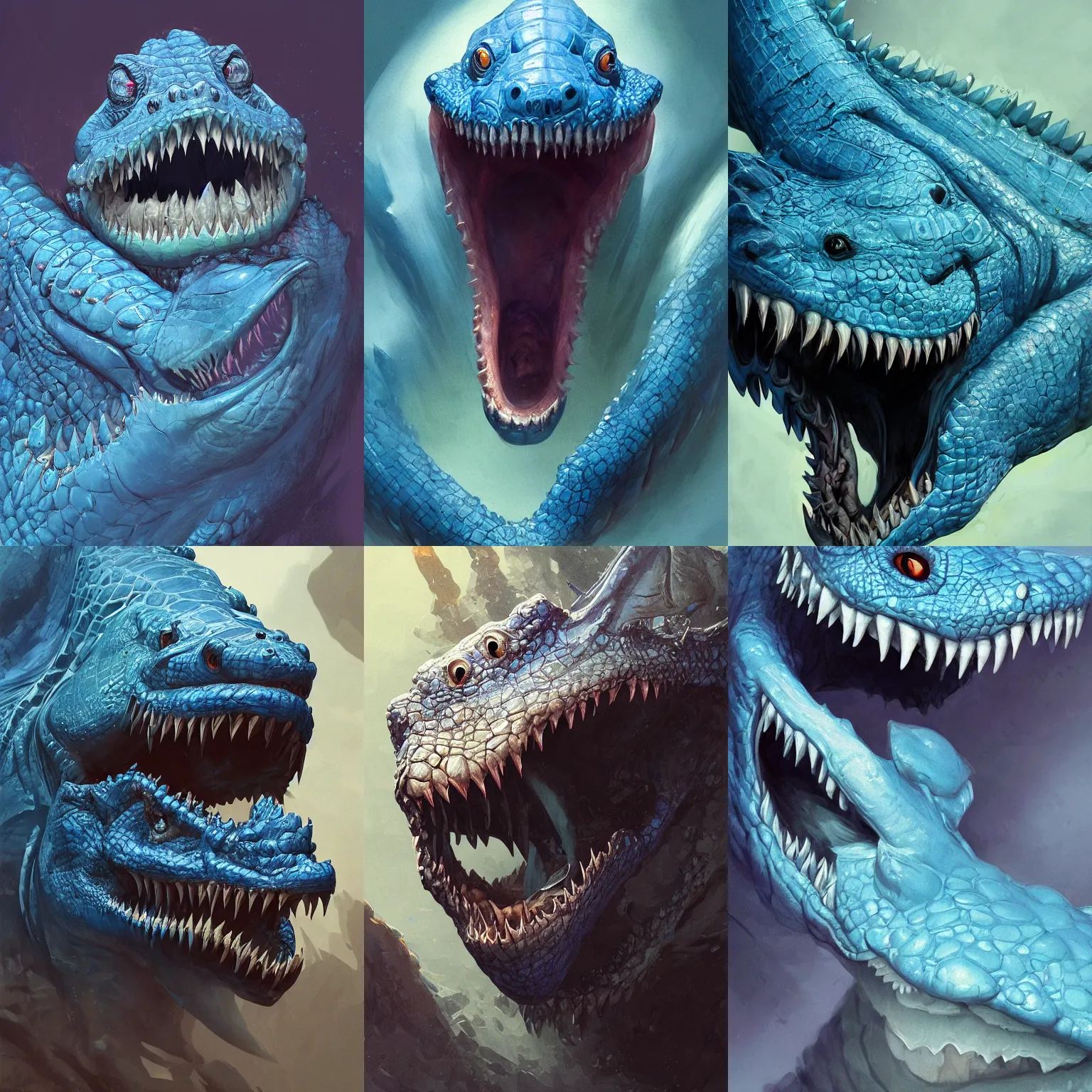 Prompt: portrait of a gibbering blue crocodile with a huge horizontal mouth along entire back, horrific, highly detailed backmouth, thousands of teeth, digital painting, artstation, concept art, smooth, sharp focus, illustration, art by wlop, mars ravelo and greg rutkowski
