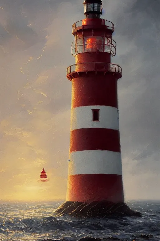 Prompt: imagine a ship in a bottle but instead of a ship a lighthouse is in the bottle, red and white lighthouse, fancy whiskey bottle, masterpiece painting by greg rutkowski