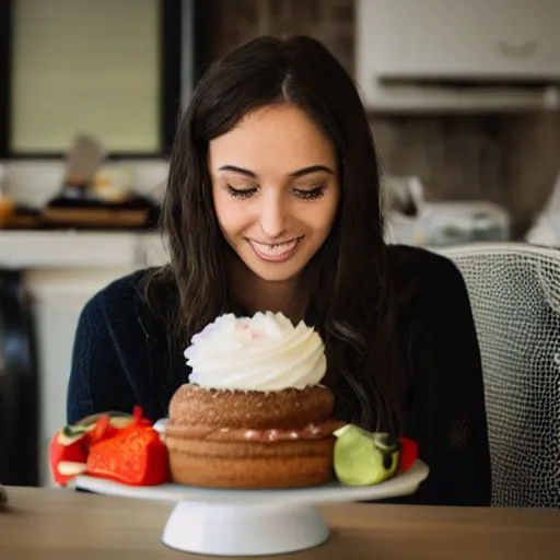 Image similar to close - up beautiful woman sitting in front of a table staring at her birthday cake.