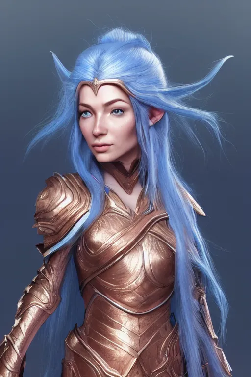 Prompt: a beautiful and highly detailed digital illustration of a female elven paladin with blue hair in rose gold armor, a digital painting by magali villeneuve, cgsociety, fantasy art, cryengine, concept art, photorealism, daz 3 d, sketchfab, zbrush, vray