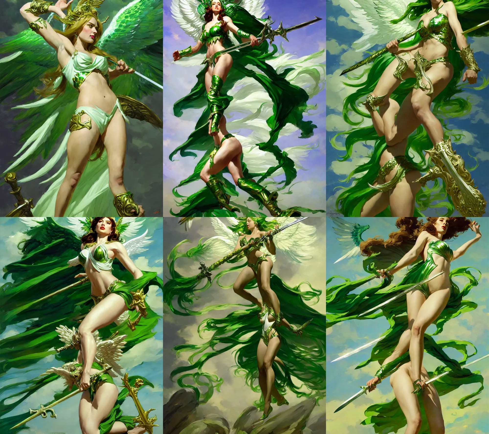 Image similar to greg manchess painting of a goddess of hunt wearing shiny mythical green clothes, green and white long hair, long wings, large angelic sword, soft lighting, single character art, trending on artstation, by huang guangjian and gil elvgren and sachin teng