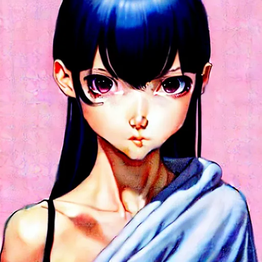 Image similar to depicting an extreme close up face of a dainty young truant female stoner prep highschool school student with medium length silky straight iridescent black hair and lightly suntanned skin, illustrated by Artgerm and Range Murata.