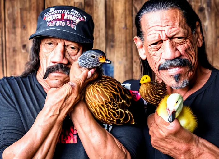 Image similar to photo still of danny trejo at the county fair!!!!!!!! at age 5 6 years old 5 6 years of age!!!!!!!! holding a baby duck he won, 8 k, 8 5 mm f 1. 8, studio lighting, rim light, right side key light