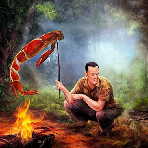 Image similar to Tom Hanks as forrest holding a giant shrimp on a stick over a campfire in the jungle, realistic digital painting, in the style of Aleksi Briclot, photoreailstic, realistic face, amazing detail, sharp