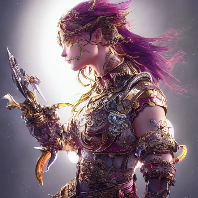 Image similar to studio portrait of lawful good colorful female holy mech paladin as absurdly beautiful, elegant, young sensual pretty woman, ultrafine hyperrealistic detailed face illustration by kim jung gi, irakli nadar, intricate linework, sharp focus, bright colors, matte, octopath traveler, final fantasy, unreal engine highly rendered, global illumination, radiant light, intricate environment