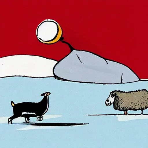 Image similar to cartoon drawing of a seal tossing a red ball with a sheep in antarctica. the seal's head is sticking out above the water and the sheep is standing near the edge of ice