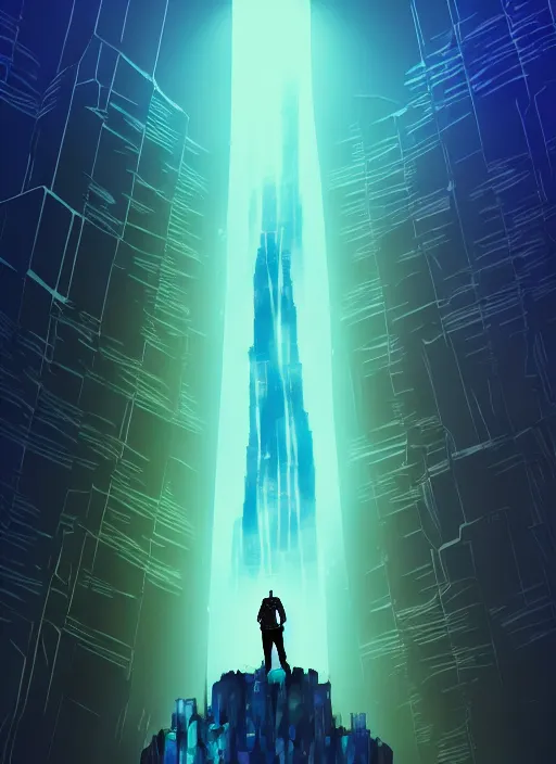 Image similar to comic book art of a [ man ] in trenchcoat with ( glowing ) [ gloves ] and [ boots ] in a [ jungle ] looking up at a [ tower ] extending into the sky made of crystalized glowing rock,, low angle, artstation illustration, elegant, cyberpunk, volumetric fog, arcane by tim doyle