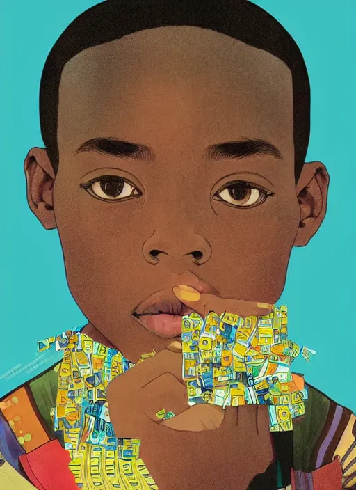 Image similar to colourful upper half portrait of an african boy - in japanese retro poster illustration style, magazine collage art by hsiao - ron cheng & alphonse mucha, magazine collage, highly detailed, digital painting, illustration, smooth, sharp focus, intricate, clustered, busy, pinterest, behance,